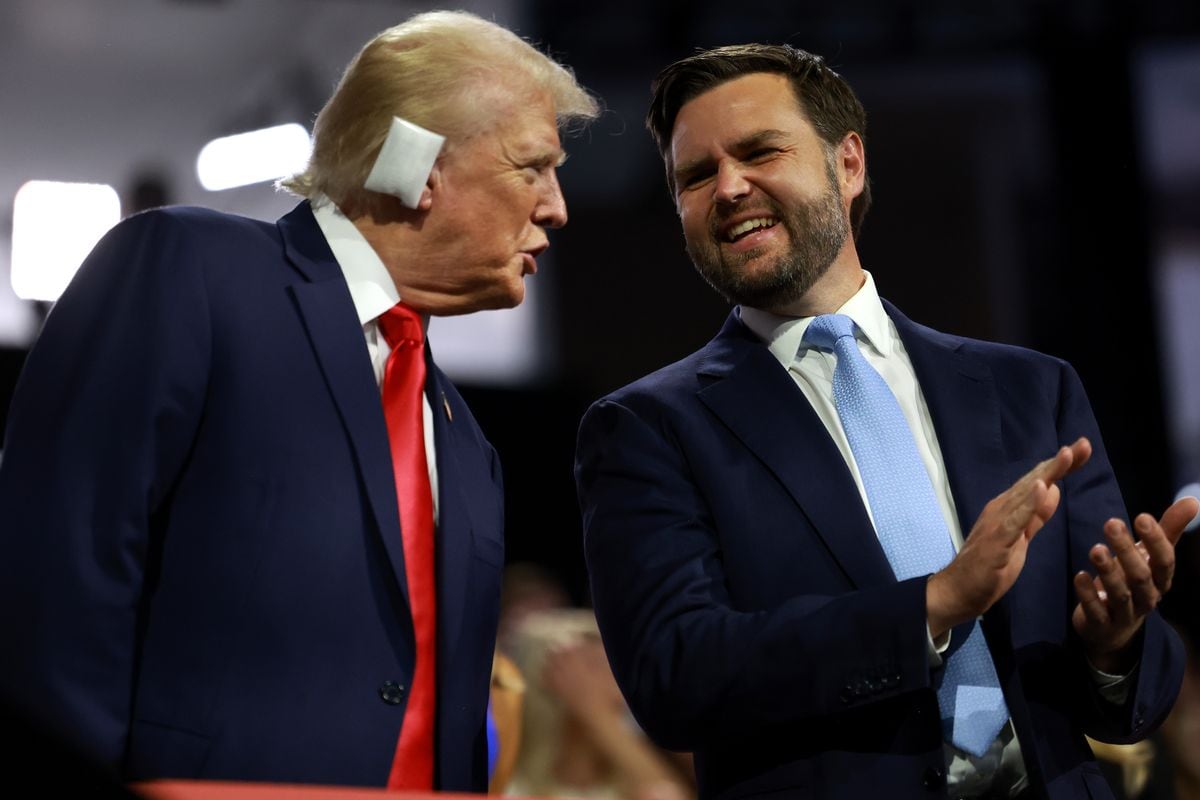 Republican presidential candidate, former U.S. President Donald Trump (L), and Republican Vice Presidential candidate, U.S. Sen. J.D. Vance (R-OH), appear on the first day of the Republican National Convention at the Fiserv Forum on July 15, 2024, in Milwaukee, Wisconsin. Delegates, politicians, and the Republican faithful are in Milwaukee for the annual convention, concluding with former President Donald Trump accepting his party's presidential nomination. The RNC takes place from July 15-18. 