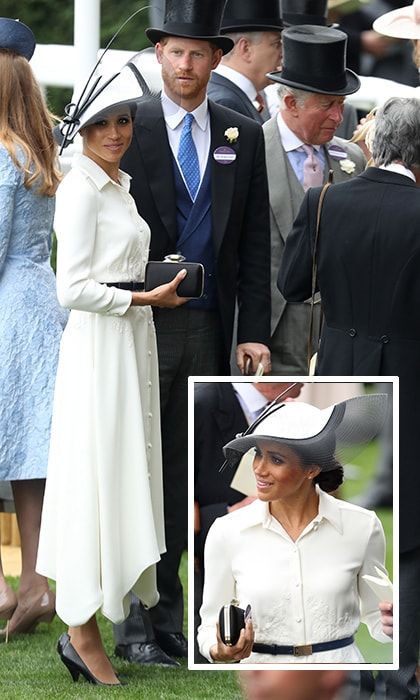 The Duchess of Sussex loves a great neutral! The royal opted for both a favourite shade cream and a favourite designer, Givenchy, for her first-ever appearance at Royal Ascot on June 19. The delicately embroidered shirt dress was accessorised with black pumps, a box clutch and dramatic black and white Philip Treacy hat.
Photos: Getty Images