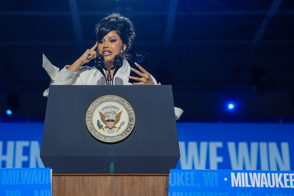 Cardi B speaks during a campaign rally for Democratic presidential nominee, U.S. Vice President Kamala Harris, at the Wisconsin State Fair Park Exposition Center on November 1, 2024, in West Allis, Wisconsin. With four days until election day, Vice President Kamala Harris is campaigning in Wisconsin. (Photo by Andrew Harnik/Getty Images)