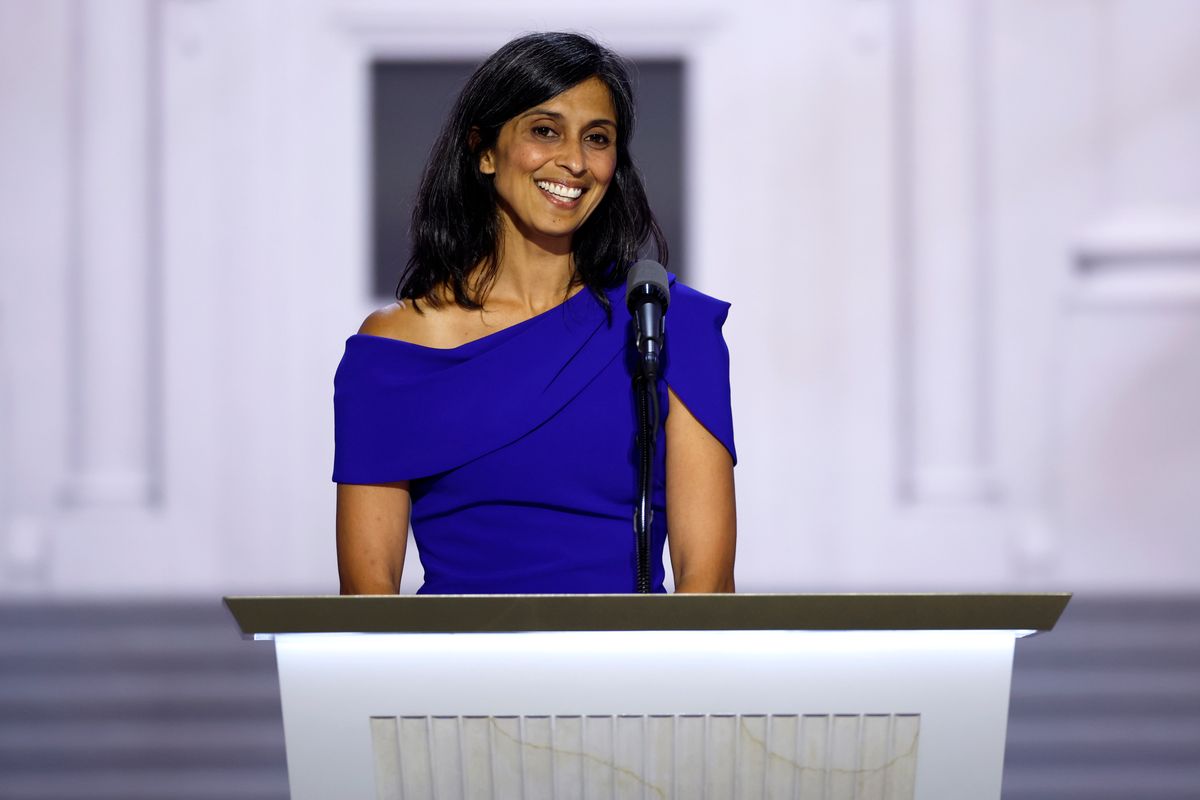 MILWAUKEE, WISCONSIN - JULY 17: Usha Chilukuri Vance, wife of J.D. Vance speaks on stage on the third day of the Republican National Convention at the Fiserv Forum on July 17, 2024 in Milwaukee, Wisconsin. Delegates, politicians, and the Republican faithful are in Milwaukee for the annual convention, concluding with former President Donald Trump accepting his party's presidential nomination. The RNC takes place from July 15-18.  (Photo by Chip Somodevilla/Getty Images)