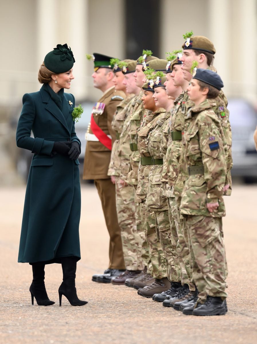 LONDON, ENGLAND - MARCH 17: Catherine, Princess of Wales during the 2025 Irish Guard's St. Patrick's Day Parade at Wellington Barracks on March 17, 2025 in London, England. (Photo by Karwai Tang/WireImage)