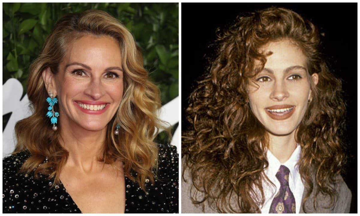 Julia Roberts as a blond with loose wavy curls and dark roots on the left and a mass of chestnut curls on the right