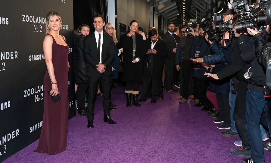 Lights, camera! Proud husband Justin Theroux beamed as his wife Jennifer Aniston struck a pose at the <i>Zoolander 2</i> premiere.
Photo: D Dipasupil/Getty Images