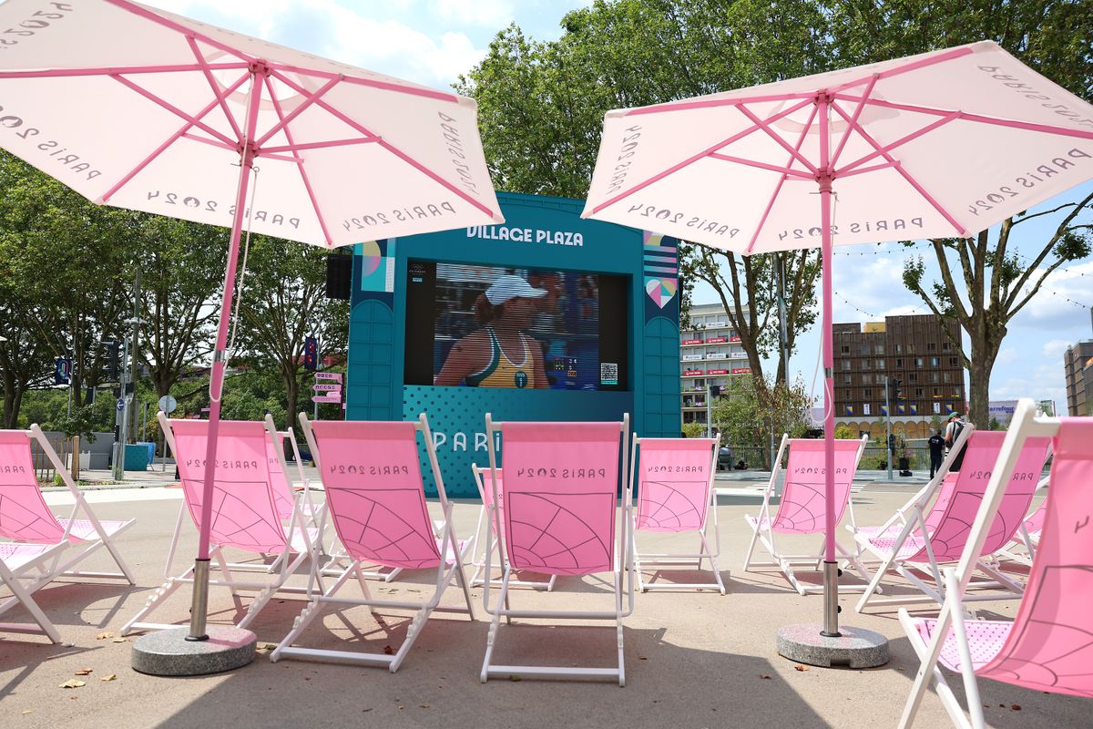 A general view of a viewing screen inside the Olympic Village's Village Plaza during previews ahead of the Paris 2024 Olympic Games on July 24, 2024 in Paris, France. (Photo by Richard Pelham/Getty Images)