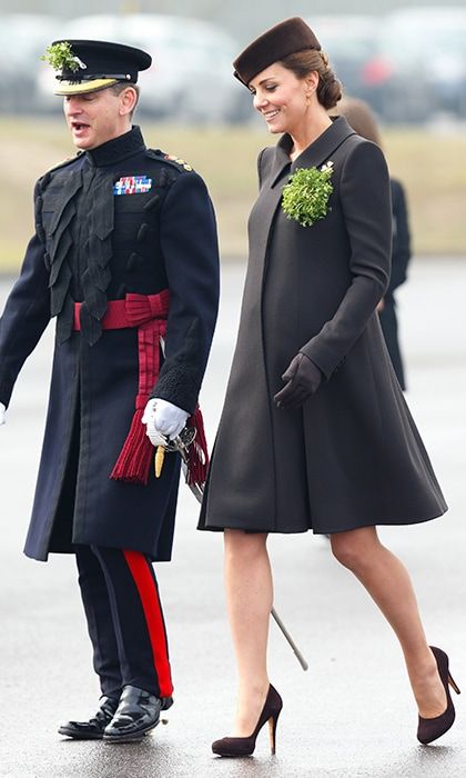 A pregnant Kate Middleton in Catherine Walker on St Patrick's Day 2015 at Mons Barrack in Aldershot, England.
Photo: Max Mumby/Indigo/Getty Images