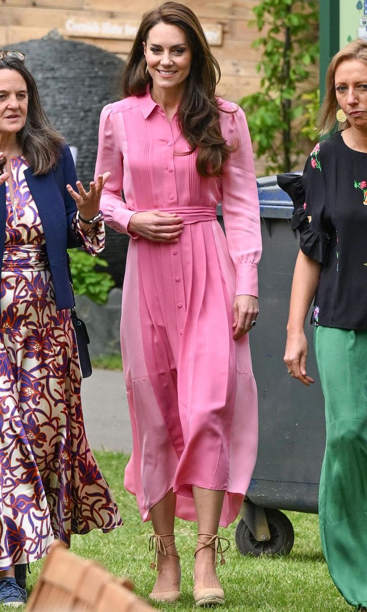 Catherine recycled her sugar pink/bubblegum shirtdress from Me+Em for the 2023 Chelsea Flower Show on May 22.