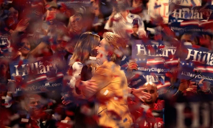 Big hug! Hillary embraced her daughter after speaking on stage at a 'Super Tuesday' primary night rally in the Grand Ballroom at Manhattan Center Studios in 2008.
Photo: Getty Images