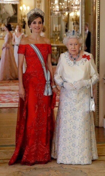 During the state banquet - Queen Letizia stood next to Queen Elizabeth in a beaded red off-the-shoulder gown by Felipe Varela with a dazzling tiara that was once owned by Queen Sofia.
Photo: Getty Images