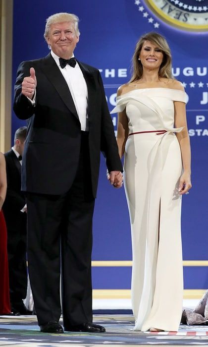 In what is likely her most-anticipated appearance to date the inauguration balls on January 20 the new first lady wore a sleek off-the-shoulder vanilla crepe gown that featured a slit. The elegant design was a collaboration with Herve Pierre, the former creative director of Carolina Herrera.
Herve revealed that the creation was a reflection of Mrs. Trump's personal style. "She knows what she likes," he said. "Our conversations were, and are, very easy. She knows about fashion, as a former model. She is aware about constructions, so we have already the same vocabulary when it comes to designing a dress."
Photo: Chip Somodevilla/Getty Images