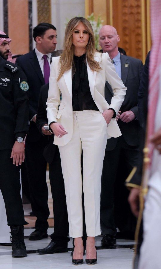 The First Lady loves her neutrals! Here she is wearing a white pantsuit and black blouse ahead of the Arab Islamic American Summit at the King Abdulaziz Conference Center in Riyadh on May 21, 2017.
Photo: MANDEL NGAN/AFP/Getty Images
