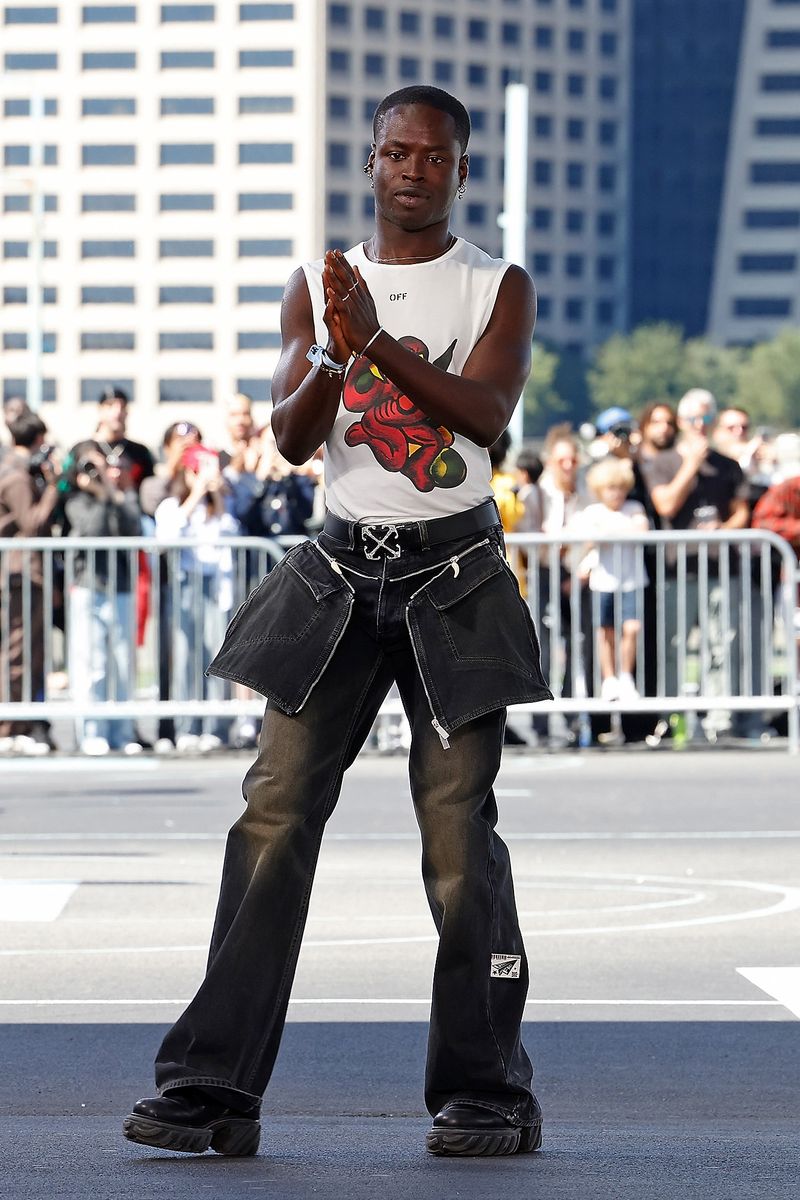  Ibrahim Kamara walks the runway during "DUTY FREE", the S/S 2025 Off-White fashion show during New York Fashion Week on September 08, 2024, at Brooklyn Bridge Park in New York City. (Photo by Taylor Hill/WireImage)