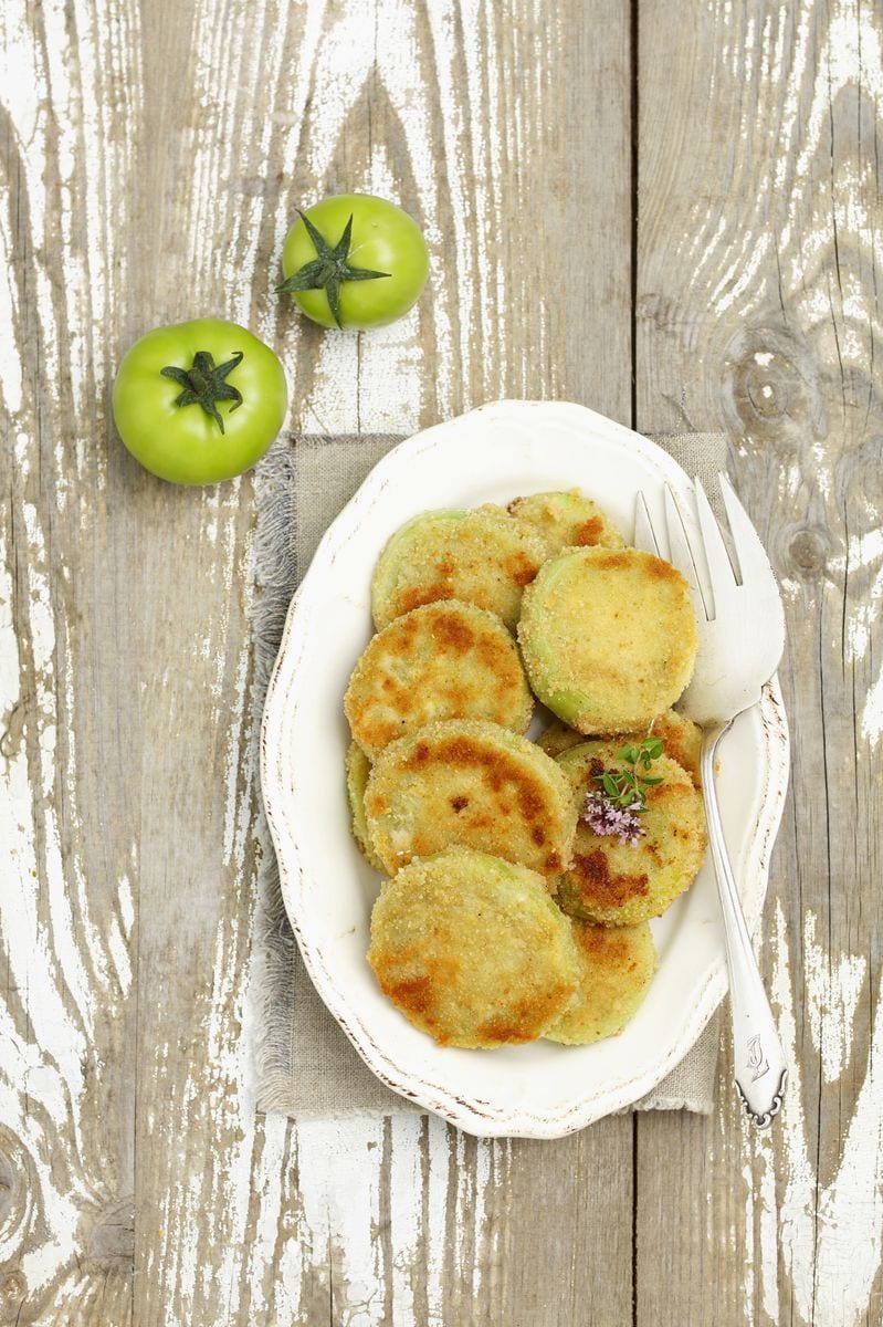 Sliced breaded, fried green tomatoes