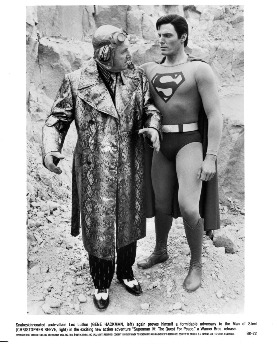 CIRCA 1987: Actors Gene Hackman and Christopher Reeve in a scene from the Warner Bros. movie "Superman IV: The Quest for Peace" circa 1987. 