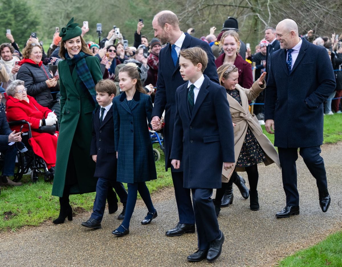 SANDRINGHAM, NORFOLK - DECEMBER 25: Catherine, Princess of Walesm Prince Louis of Wales, Princess Charlotte of Wales, Prince William, Prince of Wales Prince George of Wales, Mia Tindall and Mike Tindall attend the Christmas Morning Service at Sandringham Church on December 25, 2024 in Sandringham, Norfolk. (Photo by Samir Hussein/WireImage)