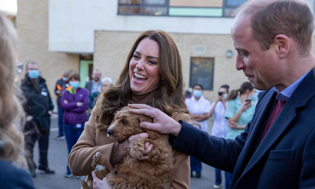 Britain's Catherine, Duchess of Cambridge, watched by her husband Britain's Prince William, Duke of Cambridge, holds a therapy puppy, before unveiling it's name, Alfie, to members of staff during their visit to Clitheroe Community Hospital in north east England on January 20, 2022. - The puppy, funded through the hospital charity ELHT&Me using a grant from NHS Charities Together, will be used to support the wellbeing of staff and patients at the hospital. (Photo by James Glossop / POOL / AFP) (Photo by JAMES GLOSSOP/POOL/AFP via Getty Images)