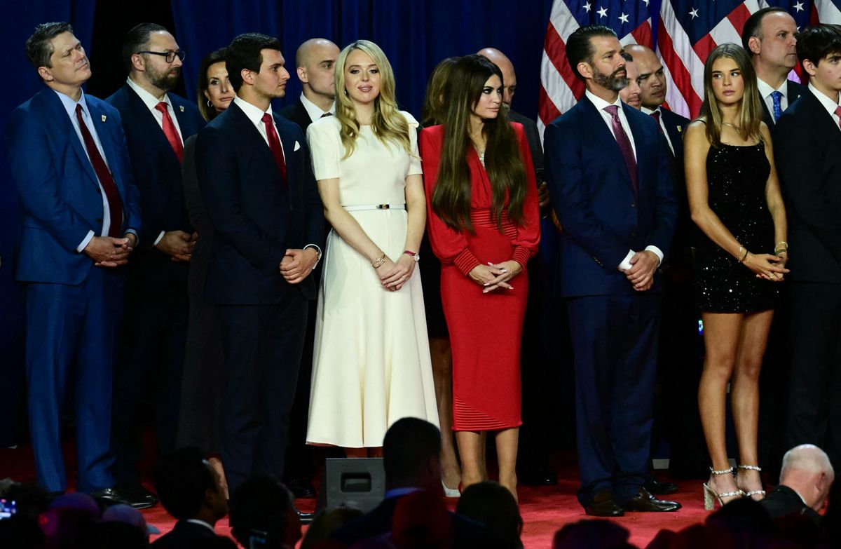 Tiffany Trump and her husband Michael Boulos, Kimberly Guilfoyle, her partner Donald Trump Jr. and his his daughter Kai Madison Trump listen to former US President and Republican presidential candidate Donald Trump speak an election night event at the West Palm Beach Convention Center in West Palm Beach, Florida, early on November 6, 2024. (Photo by Jim WATSON / AFP) (Photo by JIM WATSON/AFP via Getty Images)