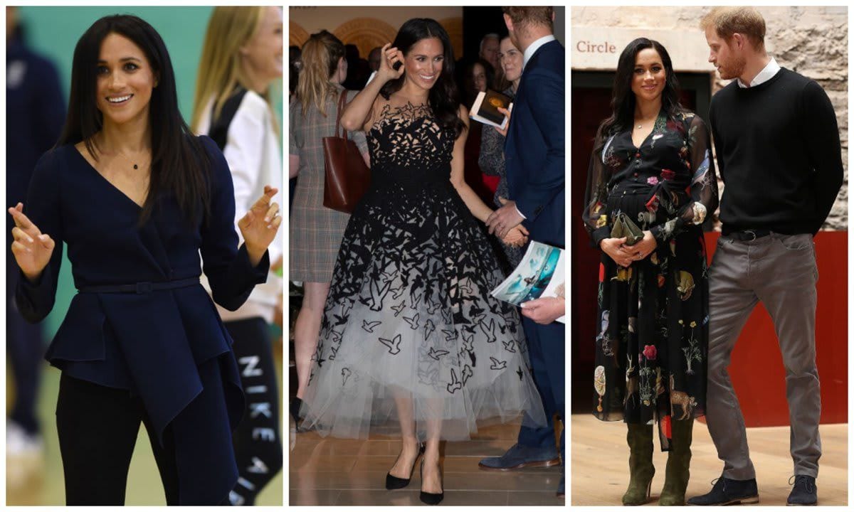 Meghan Markle wearing an Oscar de la Renta blouse, princess dress, and floral dress