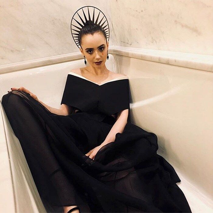 In this quirky Instagram shot, actress Lily Collins posed the question: "Tell me the truth: should I stay in and take a bath or go out to the after party?"
Photo: Instagram/@lilycollins