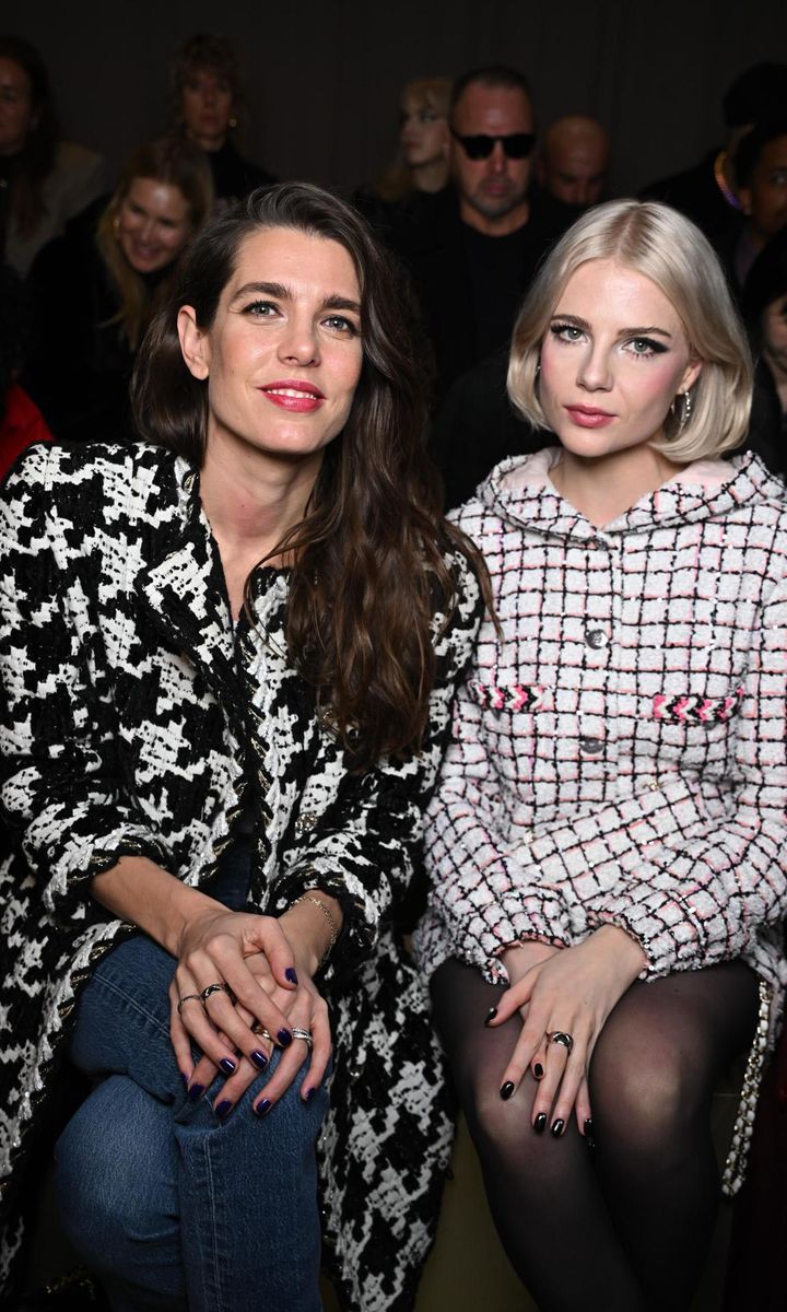 Chanel ambassador Charlotte Casiraghi, dressed in jeans, sat next to actress Lucy Boynton at the Chanel Haute Couture Spring/Summer 2024 show on Jan. 23.