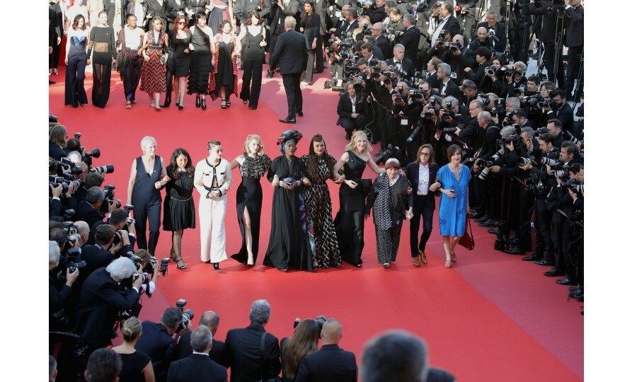 Cate Blanchett led a women's march at the 2018 Cannes Film Festival on Saturday, May 12 in France. The Oscar-winning actress, who is serving as this year's jury president, linked arms with directors Ava DuVernay and Agnes Varda while walking the red carpet at the premiere of <i>Girls of the Sun</i>, the only film directed by a female that was in competition at the festival.
Fellow jury members Kristen Stewart and Lea Seydoux joined in, as well as Marion Cotillard, Salma Hayek, Sofia Boutella, and <i>Wonder Woman</i> director Patty Jenkins.
Photo: Getty Images