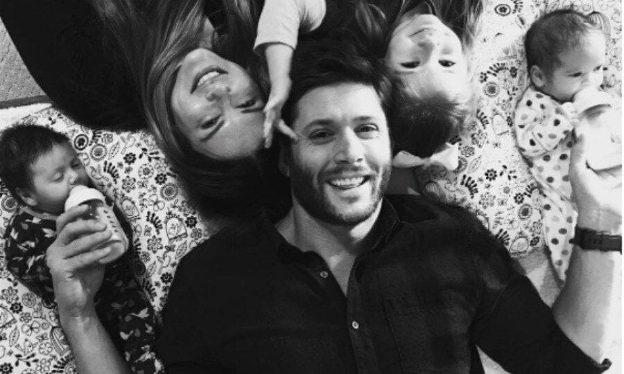 Family affair! Jensen Ackles proved that he is super dad in an adorable Instagram post showing off his new twin babies. The <i>Supernatural</i> star and his wife Danneel Ackles playfully laid on the ground with their three-year-old daughter Justice and their family's newest additions, daughter Arrow and son Zeppelin, who were born on December 2. The actor captioned the adorable photo, "#family #happy2017 #spnfamily."
Photo: Instagram/@jensenackles