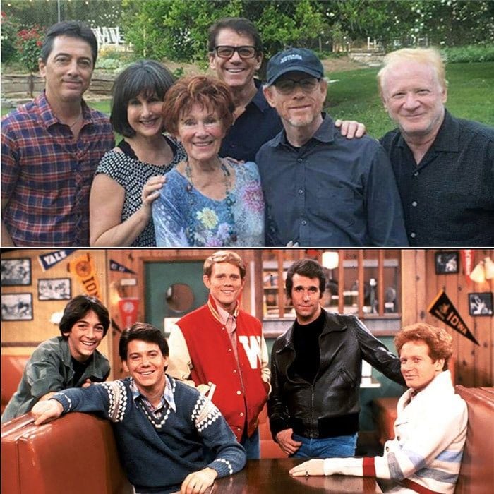 <B>Happy Days</B>
After the loss of co-star Erin Moran, 56, to cancer in April 2017, the <I>Happy Days</I> cast got together at a memorial in the late actress' honor. There for the bittersweet reunion was actor-director Ron Howard, top second from right, and his fellow stars from the iconic TV show, left to right: Scott Baio (Chachi), Cathy Silvers (Jenny Piccolo), Marion Ross (matriarch Mrs. Cunningham), Anson Williams (Potsie), and Don Most (Ralph Malph). It was Scott, who played Erin's love interest on both the long-running show and it's spinoff, <I>Joanie Loves Chachi</I>, who posted the photo, captioning it: "Celebrating the life of #ErinMoran #HappyDaysFamily."
Photos: Twitter/@ScottBaio, Facebook/Happy Days