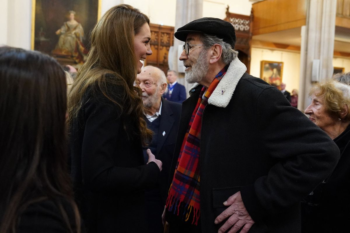 Britain's Catherine, Princess of Wales (L) meets Holocaust survivor Robert Berkowitz during a ceremony to commemorate Holocaust Memorial Day and the 80th anniversary of the liberation of Auschwitz-Birkenau at the Guildhall in London on January 27, 2025. Holocaust Memorial Day is an internationally recognised date to remember the six million Jews murdered during the Holocaust, the millions of people killed under Nazi persecution and those killed in subsequent genocides. (Photo by Arthur EDWARDS / POOL / AFP) (Photo by ARTHUR EDWARDS/POOL/AFP via Getty Images)