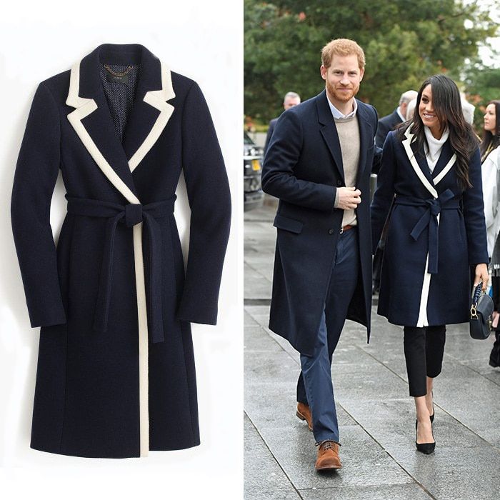 As she stepped out in Birmingham, England, on March 7, Meghan braved the cold in a navy blue, two-tone wool-blend coat by J.Crew. The tailored piece features contrasting white edges in a nod to the brand's signature stripes, and a belt. Prince Harry's future wife completed her look with a white turtle-kneck sweater and black stiletto heels. The couple traveled to the city to attend an event encouraging young girls to pursue careers in science, technology, and engineering.
Photo: Getty Images