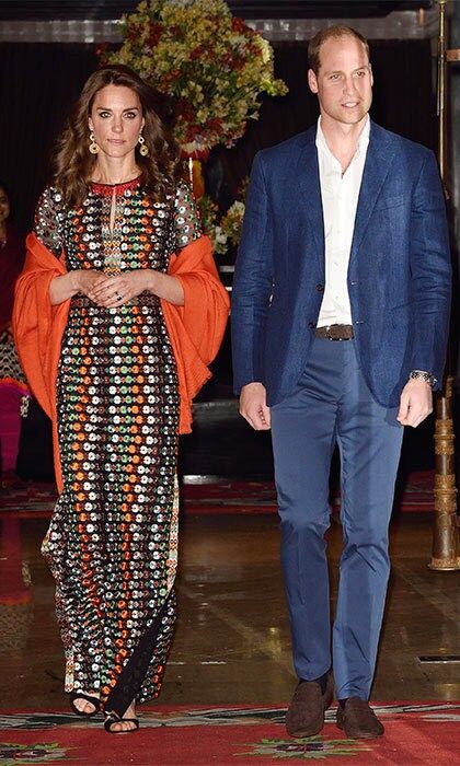 After a long day of engagements, the royal couple attended a private dinner with the King and Queen of Bhutan. Kate chose a beaded Tory Burch dress that retails for $1,495 for the meal.
<br>Photo: Getty Images