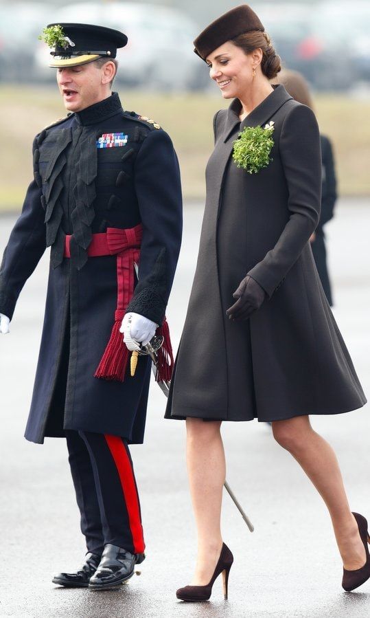 <b>2015</B>
Pregnant with Princess Charlotte, Kate opted not for traditional green but a brown swing coat and high heels for the parade at Mons Barracks.
Outfit details: Custom Catherine Walker coat, a favorite Lock & Company hat, Kiki McDonough earrings and shoes and clutch by Emmy.
Photo: Max Mumby/Indigo/Getty Images