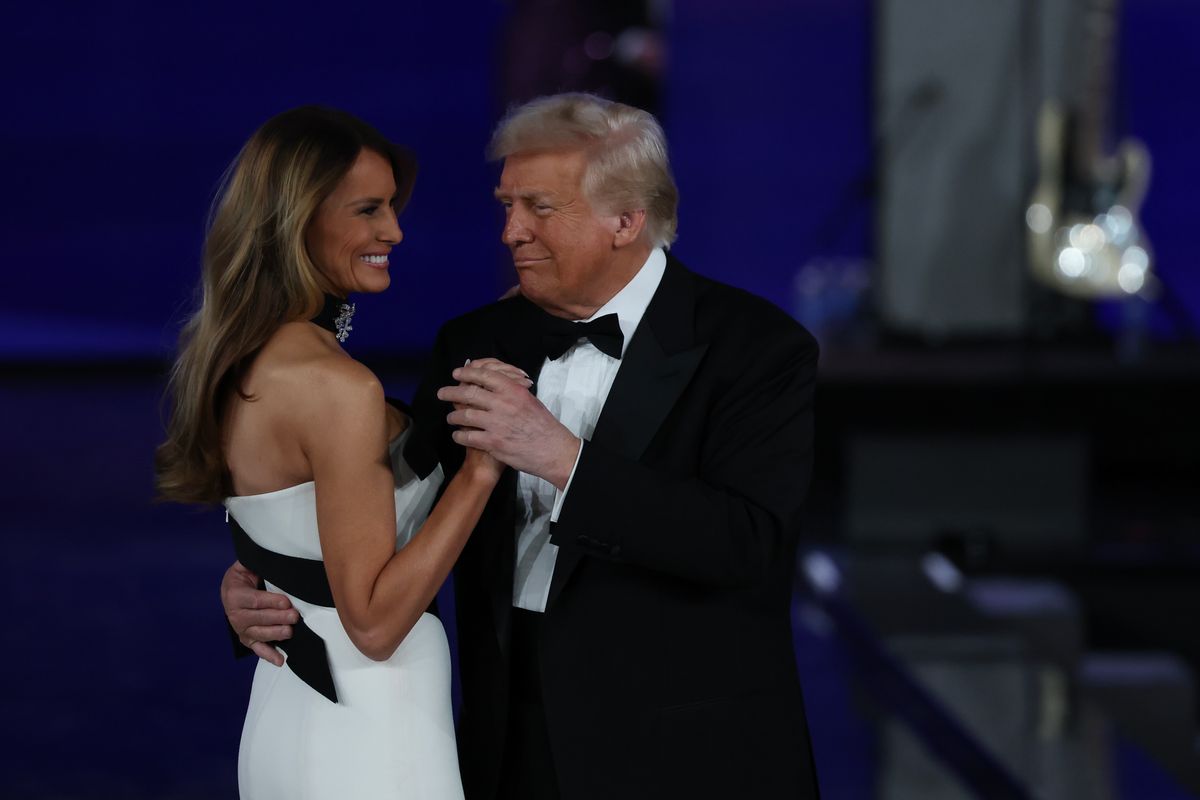 WASHINGTON, DC - JANUARY 20: President Donald Trump dances with his wife First Lady Melania Trump at the Liberty Inaugural Ball on January 20, 2025 in Washington, DC.  President  DonaldTrump attends some of the inaugural balls after taking the oath as the 47th president. (Photo by Joe Raedle/Getty Images)