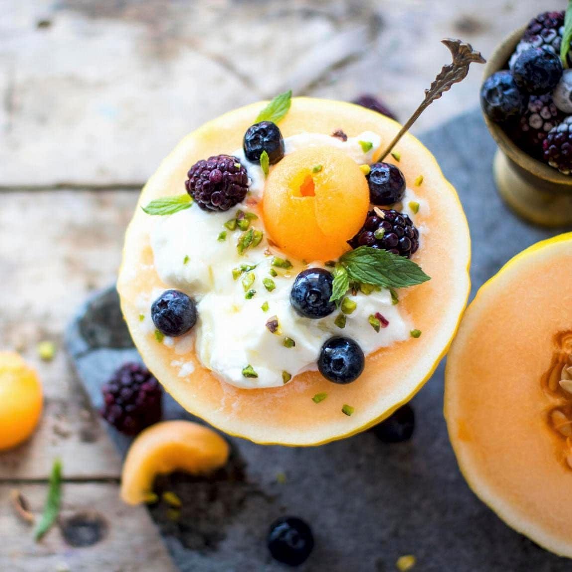 Breakfast Melon Bowl with Yogurt, Blueberries, Blackberries