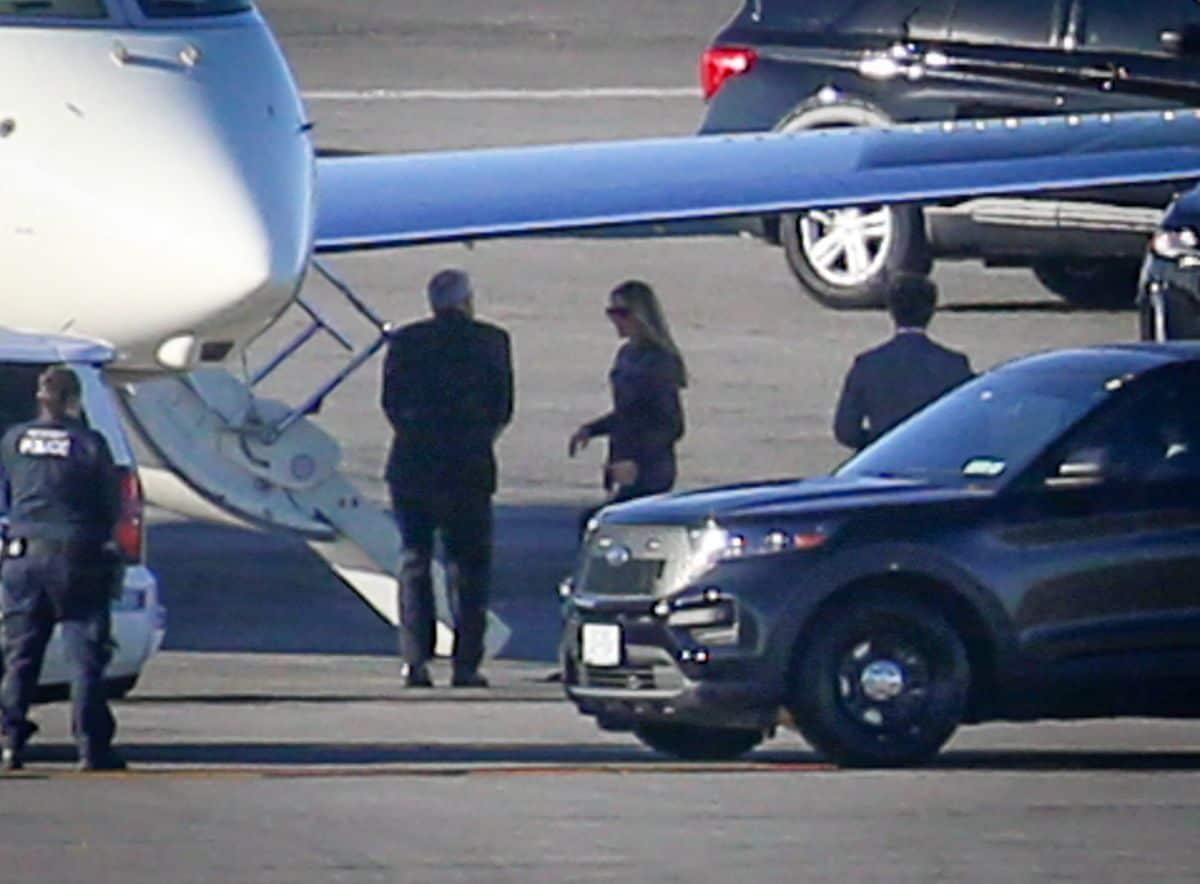 Melania boarded the plane first followed by Barron, who towered over all the agents protecting him.