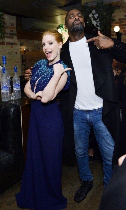 <i>Molly's Game</i> buddies Jessica Chastain and Idris Elba kept things fun at their film's premiere party, which was hosted by Grey Goose vodka at The Citizen on September 8.
The 40-year-old actress looked out of this world in a blue hued, sleeveless dress that featured cascading sequins.
Photo: Stefanie Keenan/Getty Images for Grey Goose