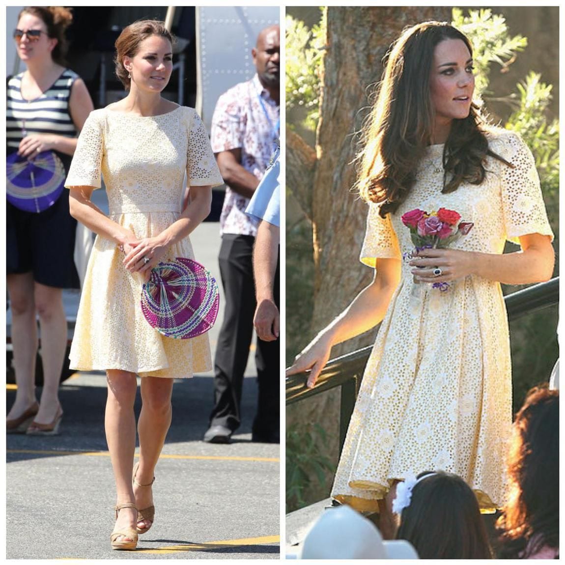 Kate Middleton in a pale yellow lace dress in 2012 and 2014