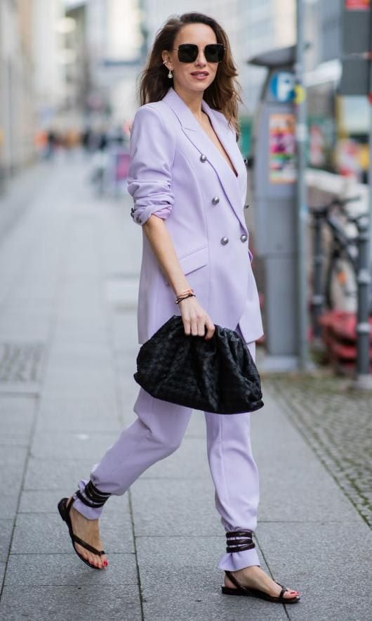 Suit and gladiator sandals street style look