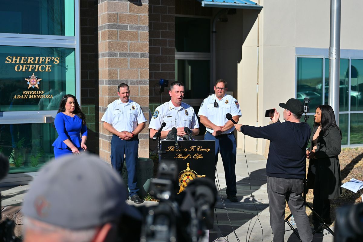 City of Santa Fe Fire Department Chief Brian Moya (C) speaks during a press conference at the Santa Fe County Sheriff's Office to provide an update on the investigation into the deaths of actor Gene Hackman and his wife Betsy Arakawa on February 28, 2025 in Santa Fe, New Mexico. Hackman and Arakawa were found dead in their home in Santa Fe, New Mexico on February 26, 2025. (Photo by Sam Wasson/Getty Images)