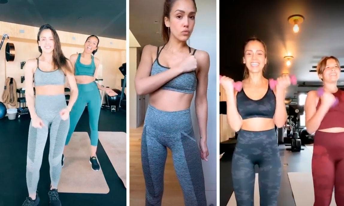 Collage of Jessica Alba exercising at home during lockdown