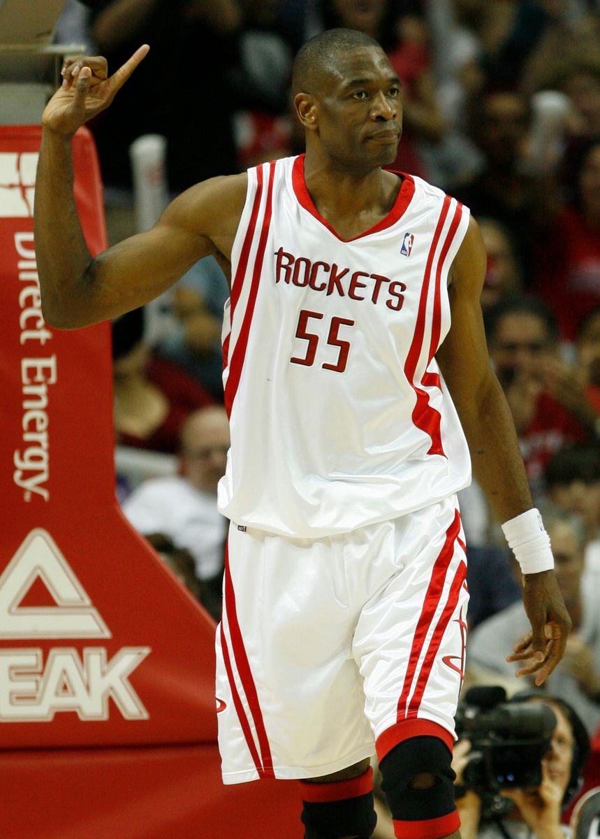 Houston Rockets Dikembe Mutombo wags his finger after blocking a shot by Phoenix Suns Shaquille O'Neal during the fourth quarter on an NBA basketball game at Toyota Center Friday, April 11, 2008, in Houston. The Rockets beat the Suns 101-90. ( Brett Coomer / Chronicle ) (Photo by Brett Coomer/Houston Chronicle via Getty Images)