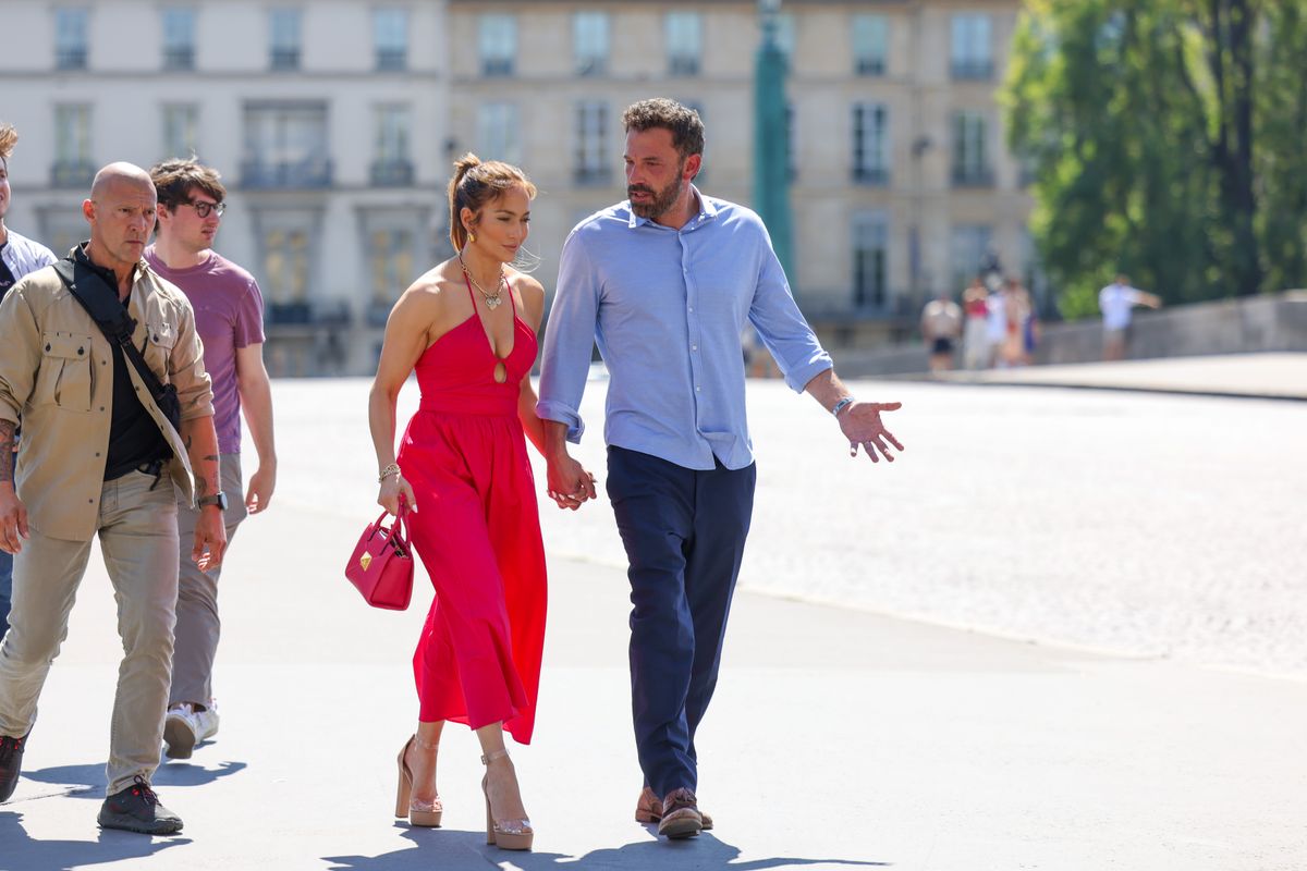 Jennifer Lopez and Ben Affleck are seen strolling near the Louvre Museum on July 24, 2022 in Paris, France. 