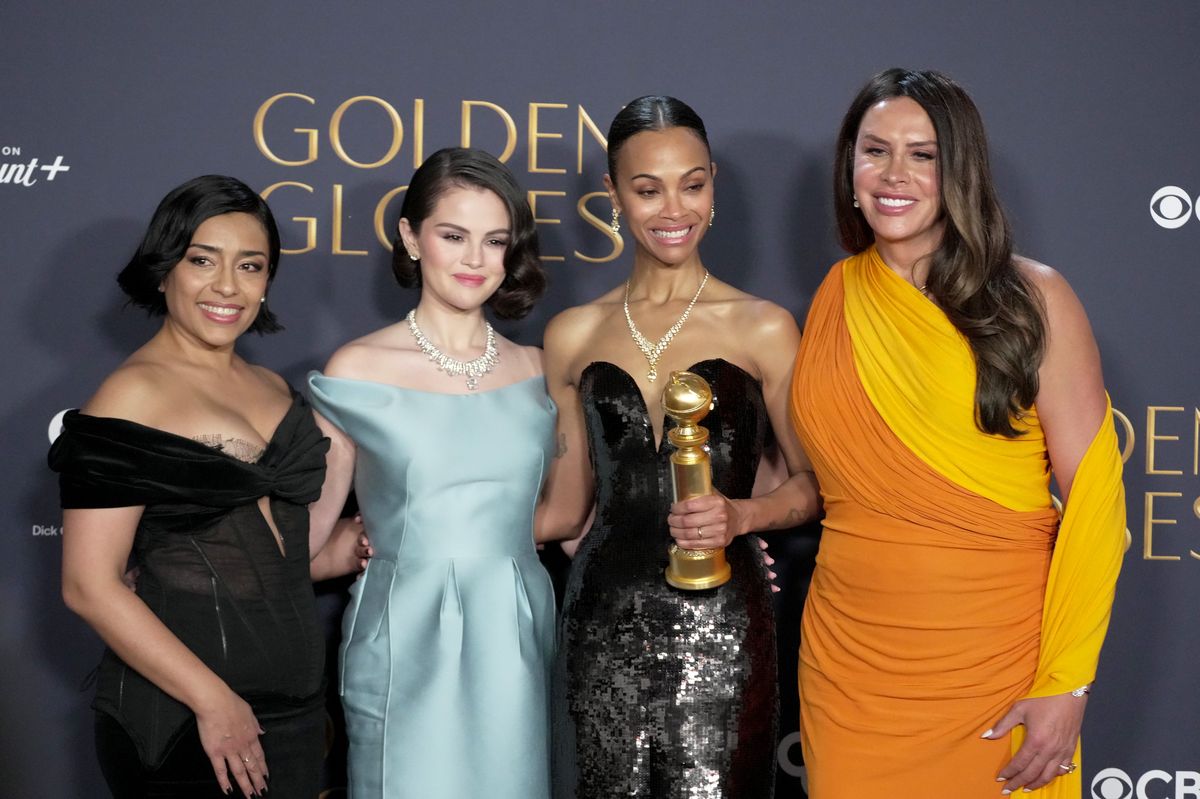 BEVERLY HILLS, CALIFORNIA - JANUARY 05: (L-R) Adriana Paz, Selena Gomez, Zoe Saldana and Karla SofÃ­a GascÃ³n, winners of the Best Motion Picture â Musical Or Comedy Award for "Emilia PÃ©rez", pose in the press room at the 82nd Annual Golden Globe Awards at The Beverly Hilton on January 05, 2025 in Beverly Hills, California.  (Photo by Jeff Kravitz/FilmMagic)