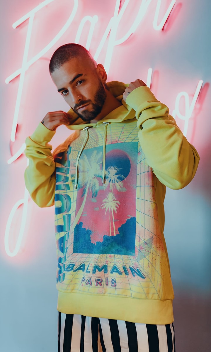 Maluma modeling his limited-edition ready-to-wear and sneakers Balmain line