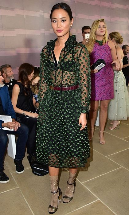 Jamie Chung's chic ensemble for the Monique Lhuillier show had us green with envy.
Photo: Brian Killian/WireImage