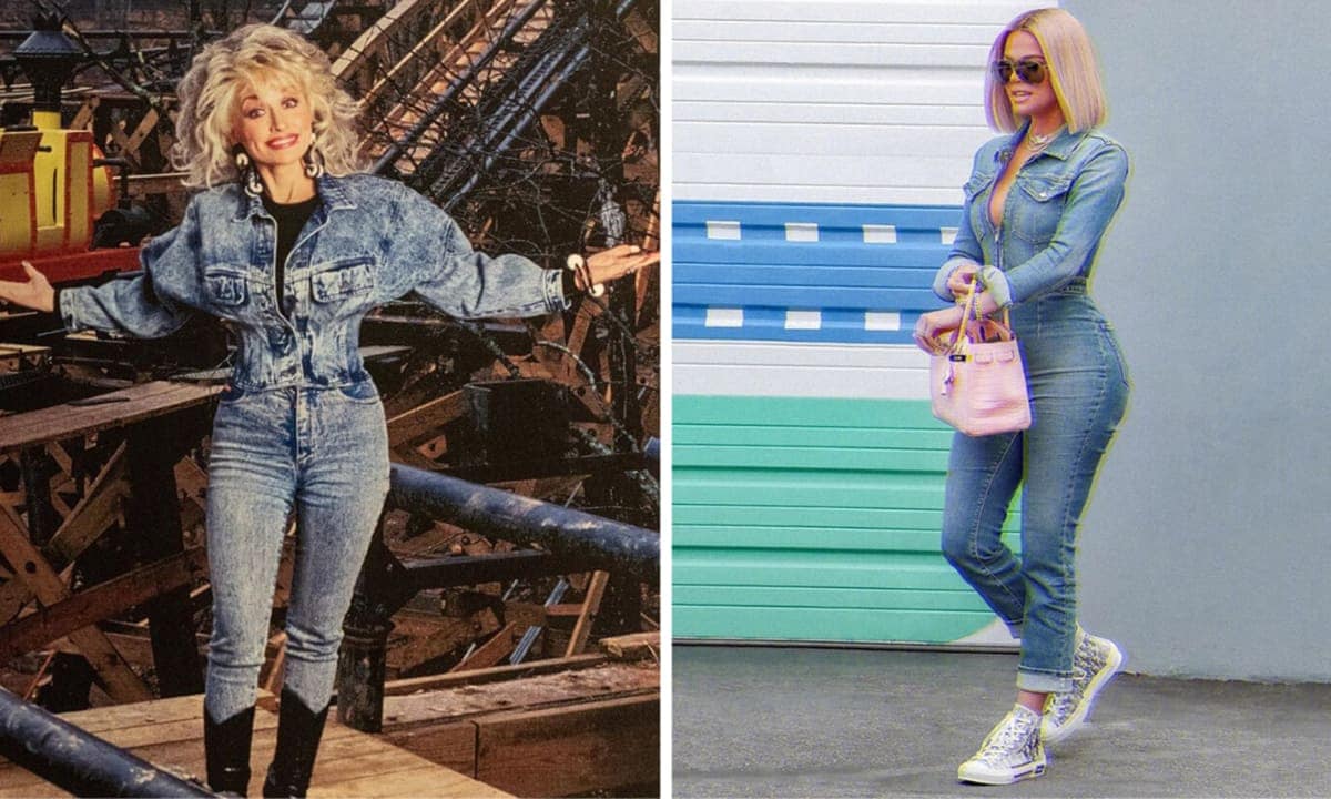 Dolly Parton and Khloe Kardashian in denim jumpsuits