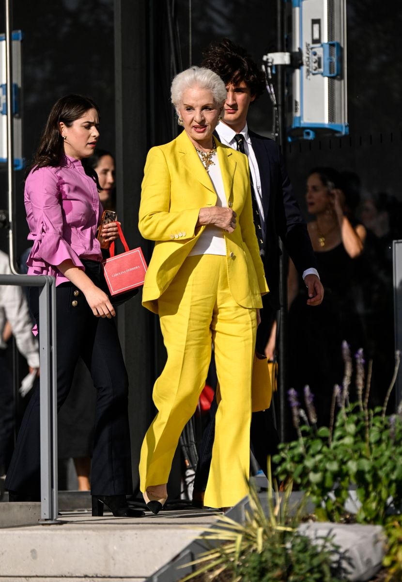 NEW YORK, NEW YORK - SEPTEMBER 12: Caroline Herrera is seen wearing a yellow suit and yellow bag outside the Carolina Herrera show during NYFW S/S 2024 on September 12, 2023 in New York City. (Photo by Daniel Zuchnik/Getty Images)