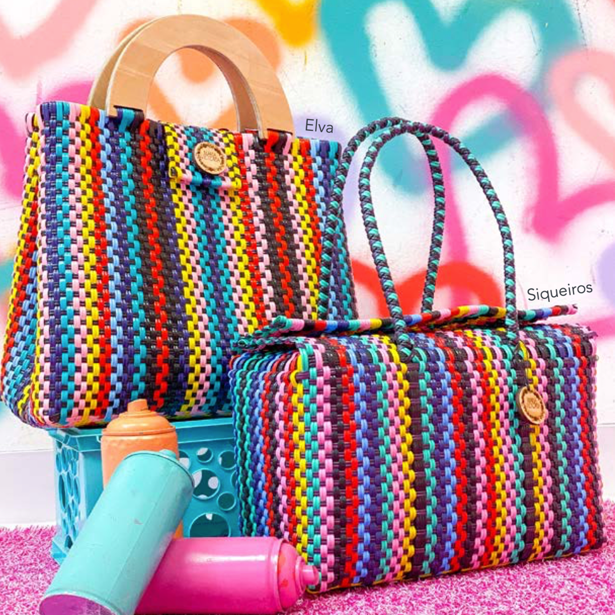 Handwoven bags and accessories made of recycled PVC plastic with fun '80s inspired colors