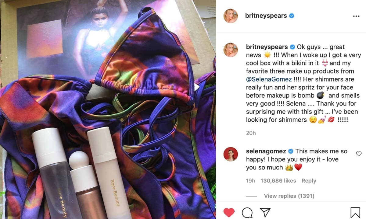 Selena Gomez treats Britney Spears to her favorite makeup items from Rare Beauty