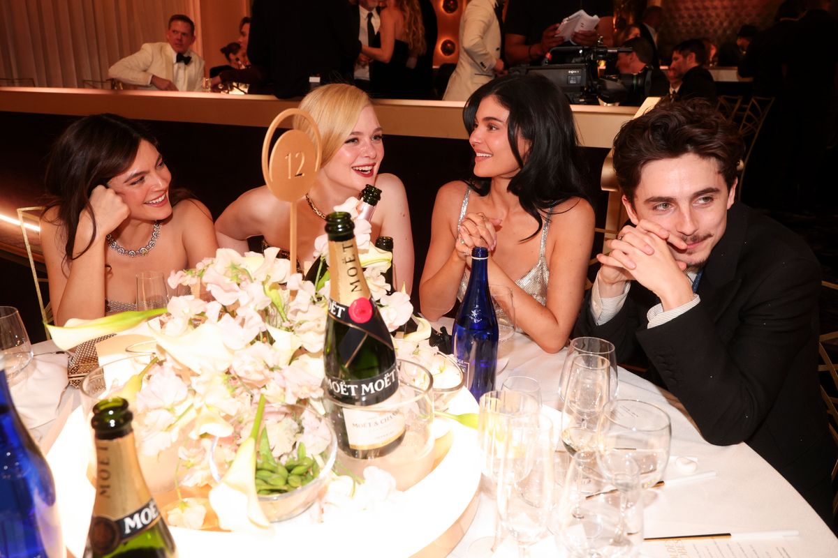 Dakota Fanning, Elle Fanning, Kylie Jenner, and Timothee Chalamet during the 82nd Annual Golden Globes 