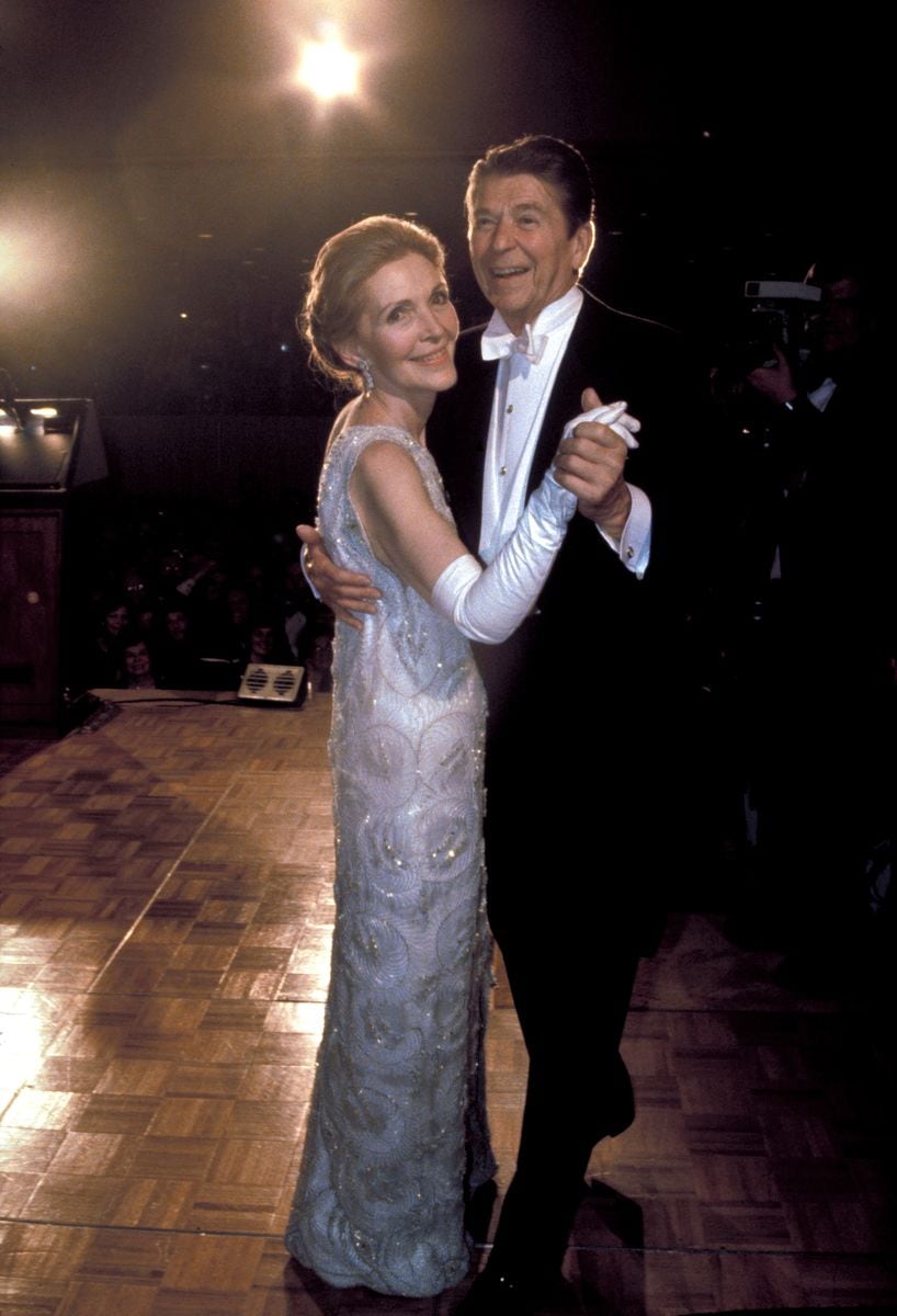 Newly-elected President Ronald Reagan ballroom dancing with wife Nancy during his inaugural ball.  