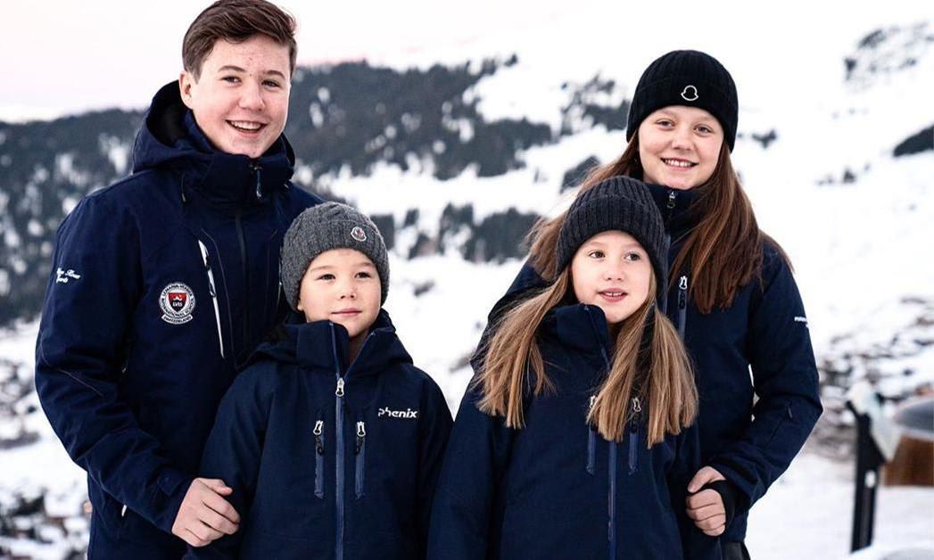 Royal Danish children posing in the snow in Switzerland